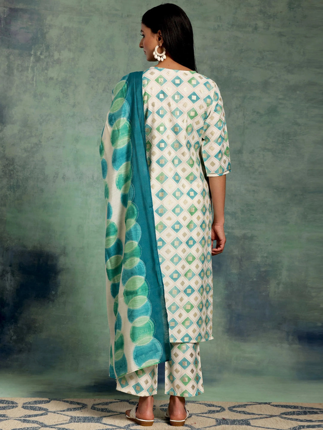 Off White Printed Silk Blend Straight Suit With Dupatta - Libas 