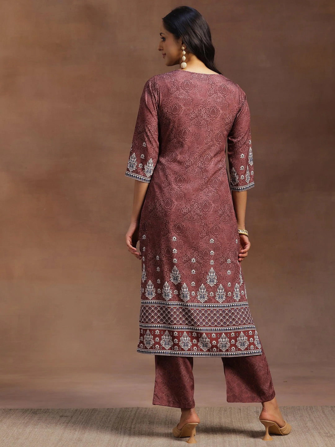 Brown Printed Poly Crepe Straight Kurta With Trousers - Libas 