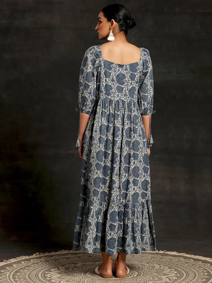 Grey Printed Cotton Fit and Flare Dress - Libas