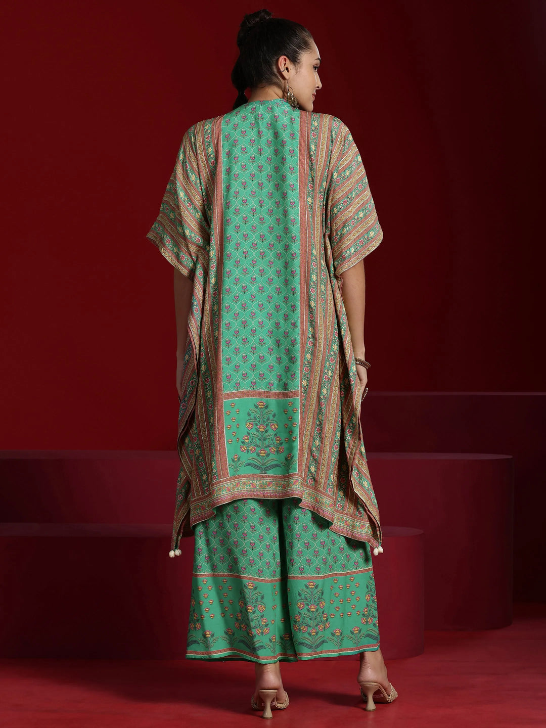  Libas Art Green Printed Silk Blend Straight Kaftan Kurta & Palazzos 