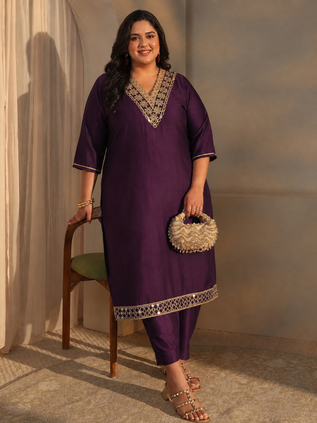 libas Plus Size Burgundy Yoke Design Silk Blend Straight Suit Set-picture-39