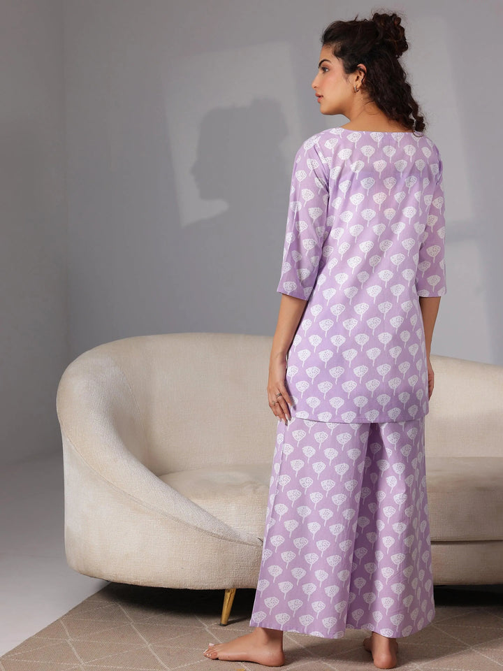 Lavender Printed Cotton Night Suits - Libas