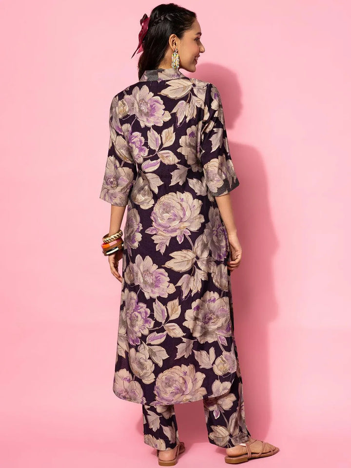Purple Printed Silk Blend Co-Ords - Libas