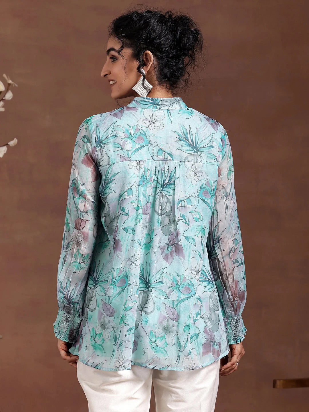  Blue Printed Chiffon A-Line Kurti 