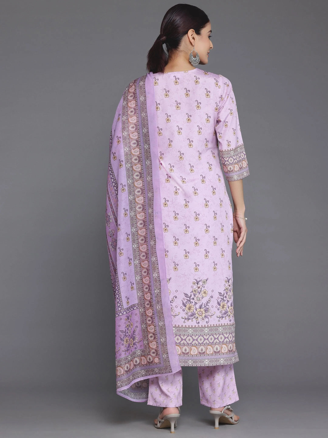 Pink Printed Poly Crepe Straight Suit With Dupatta - Libas 
