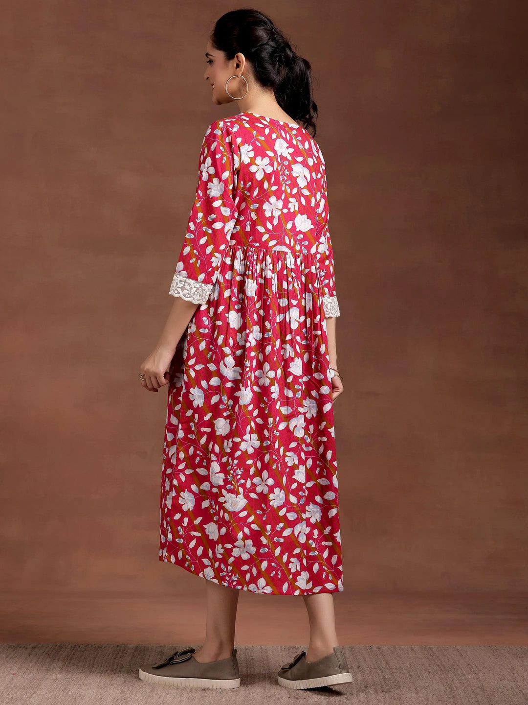 Pink Printed Cotton A-Line Dress - Libas 