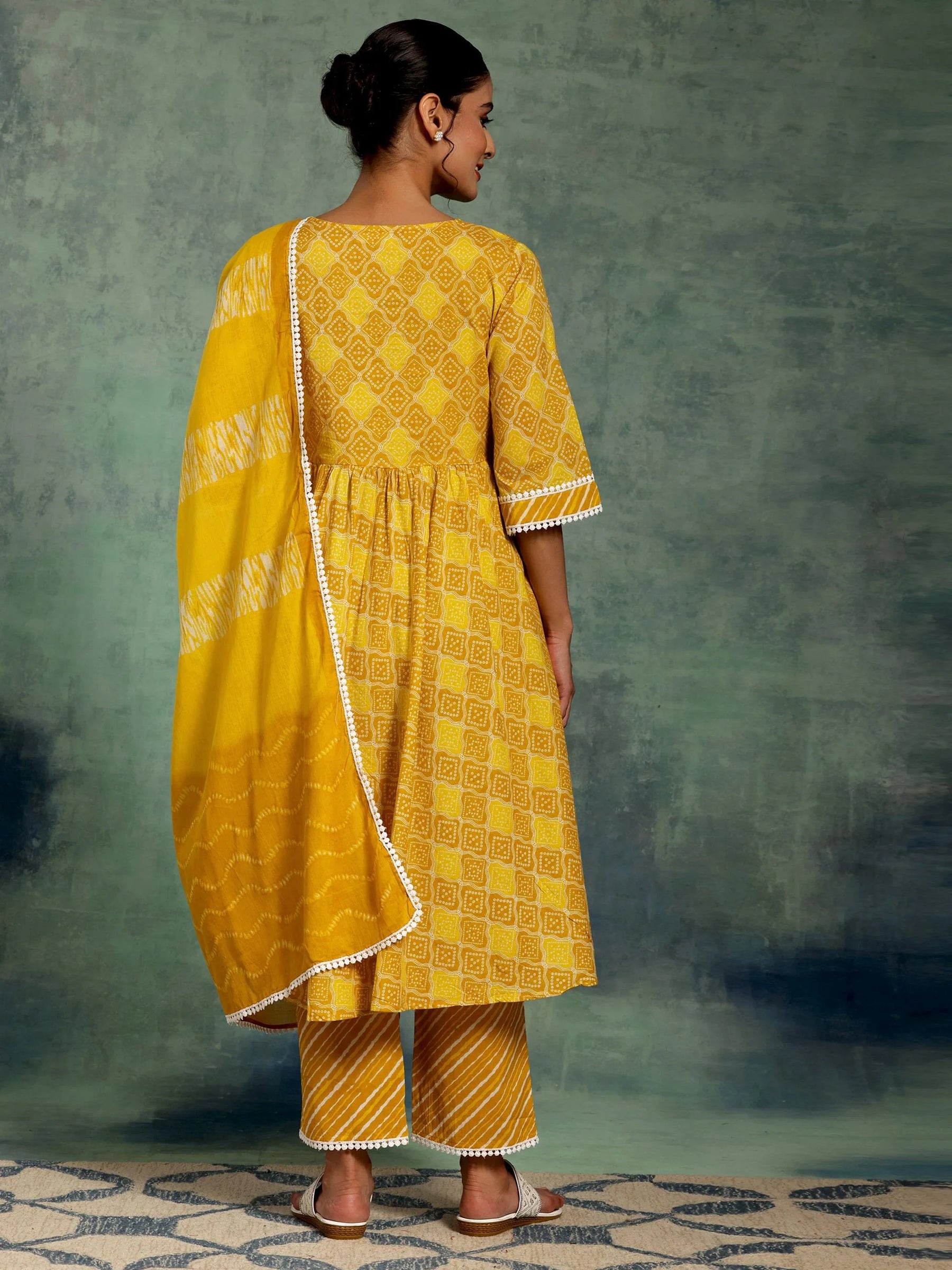 Mustard Cotton Printed Kurta Pant With Dupatta Set