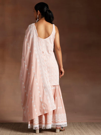 Peach Embroidered Cotton Straight Suit With Dupatta - Libas