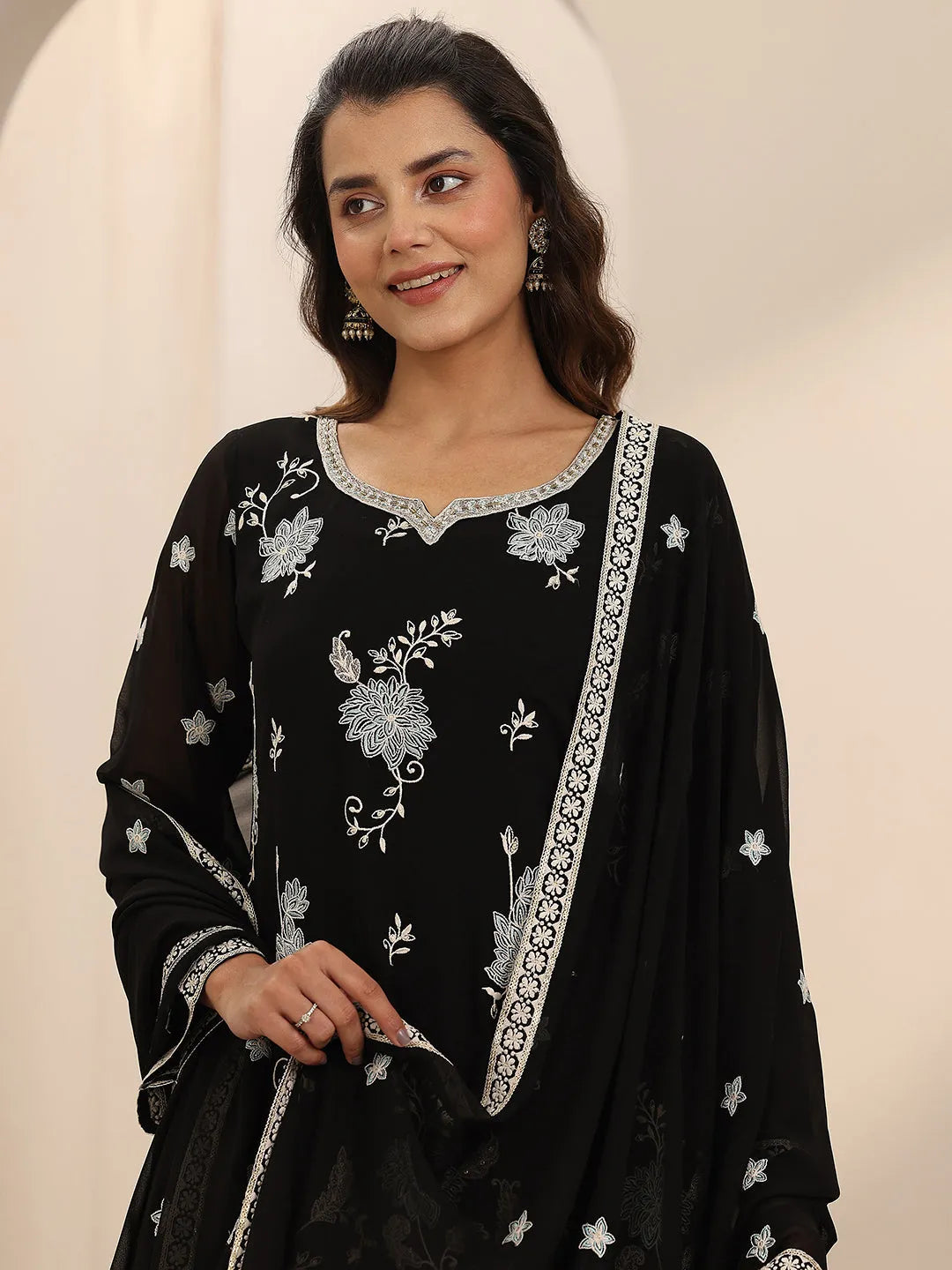  Libas Art Black Embroidered Georgette Straight Suit Set With Dupatta 