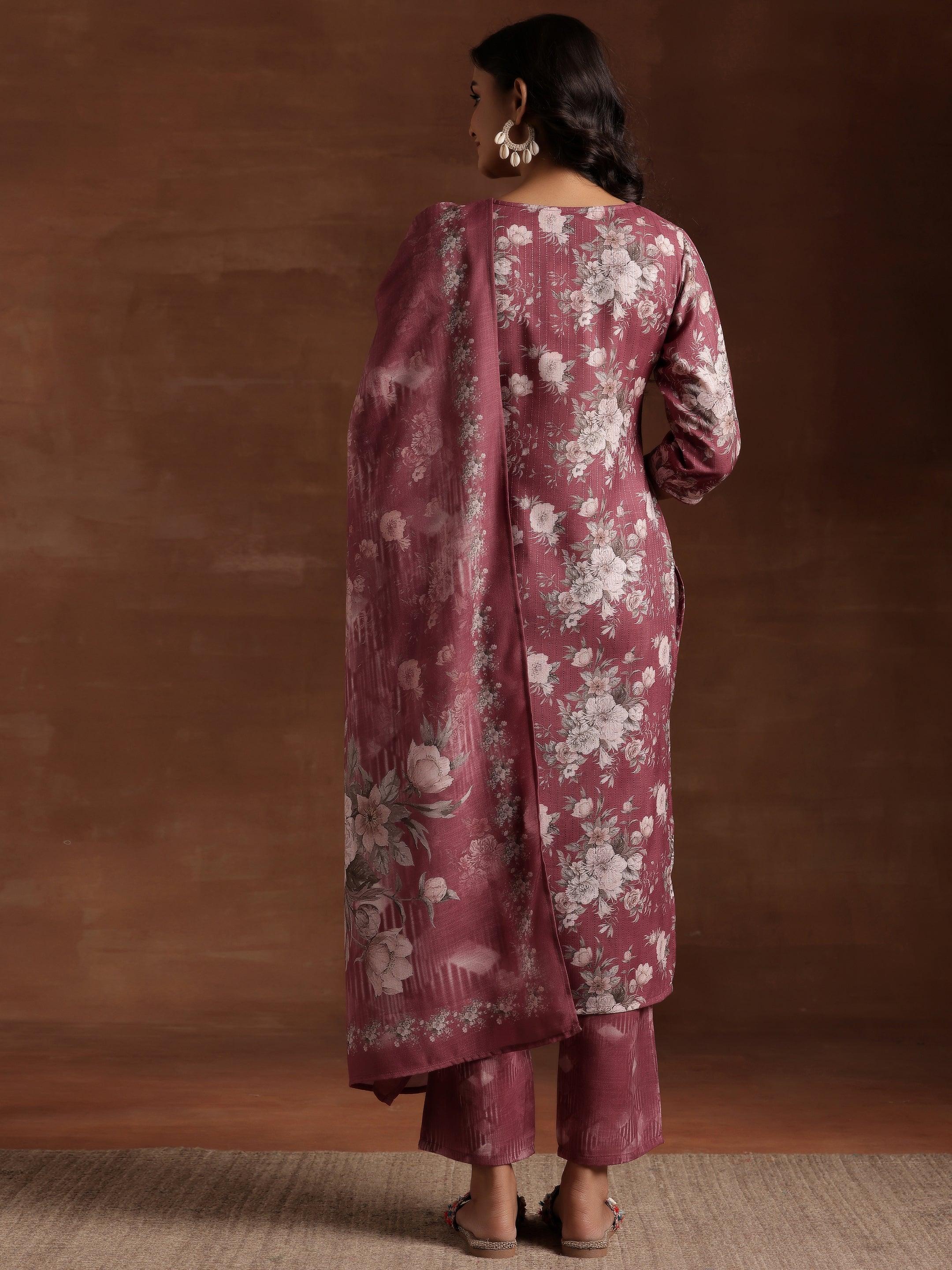 Mauve Printed Cotton Straight Suit With Dupatta