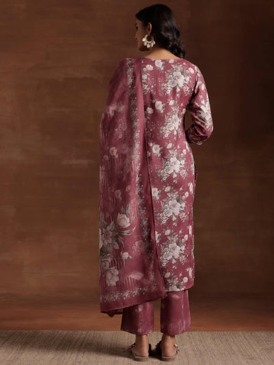 Mauve Printed Cotton Straight Suit With Dupatta - Libas