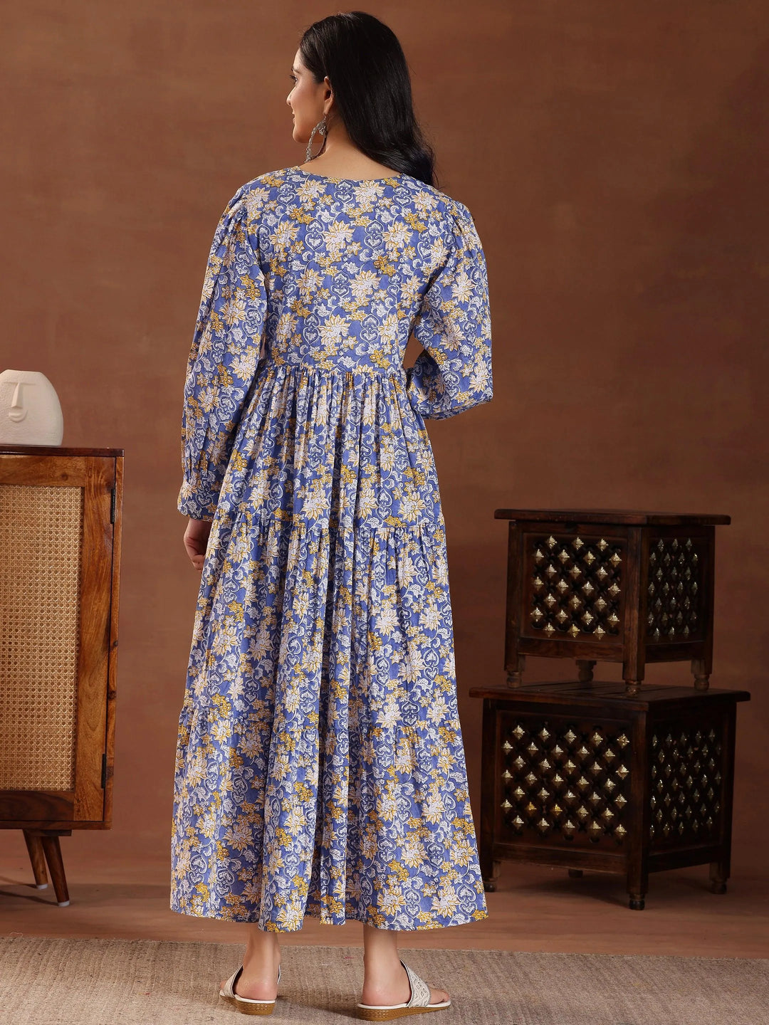 Blue Printed Cotton Fit and Flare Dress - Libas 