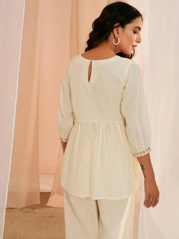 Off White Yoke Design Cotton A-Line Kurti - Libas