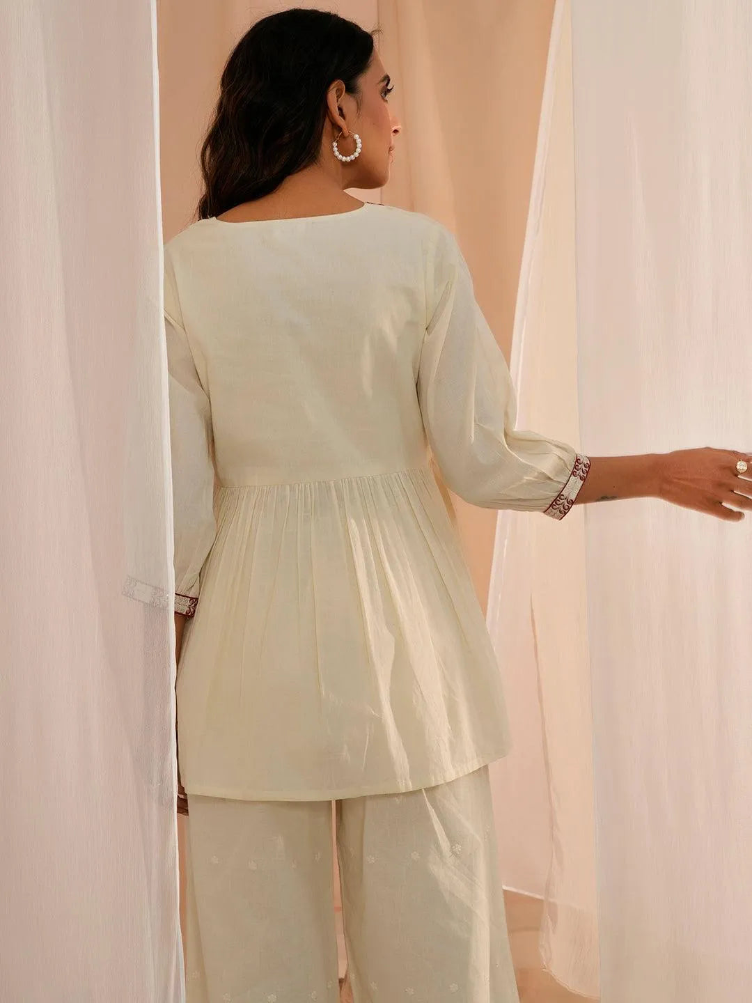 Off White Yoke Design Cotton A-Line Kurti - Libas 