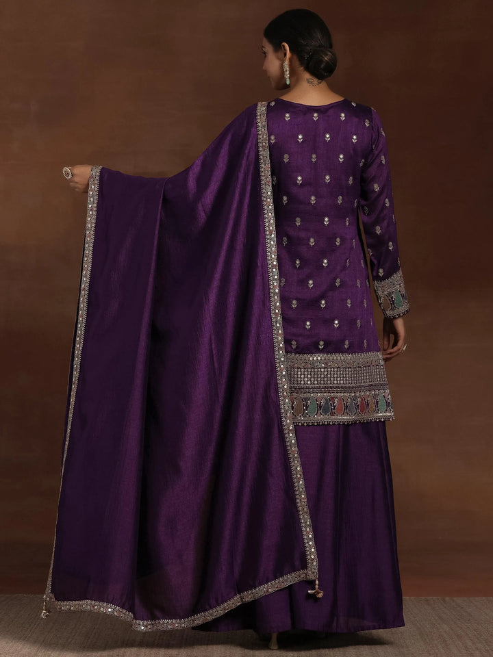 Purple Embroidered Silk Blend Straight Kurta With Palazzos & Dupatta - Libas