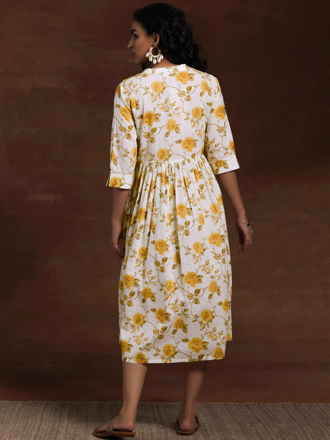Off White Printed Cotton Fit and Flare Dress - Libas 