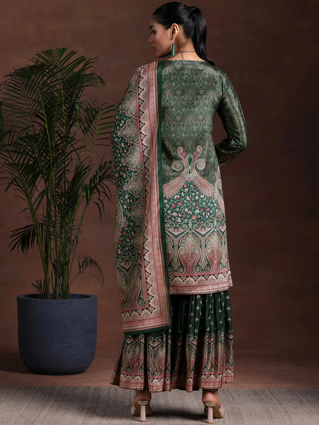  Green Printed Silk Blend Straight Suit With Dupatta 