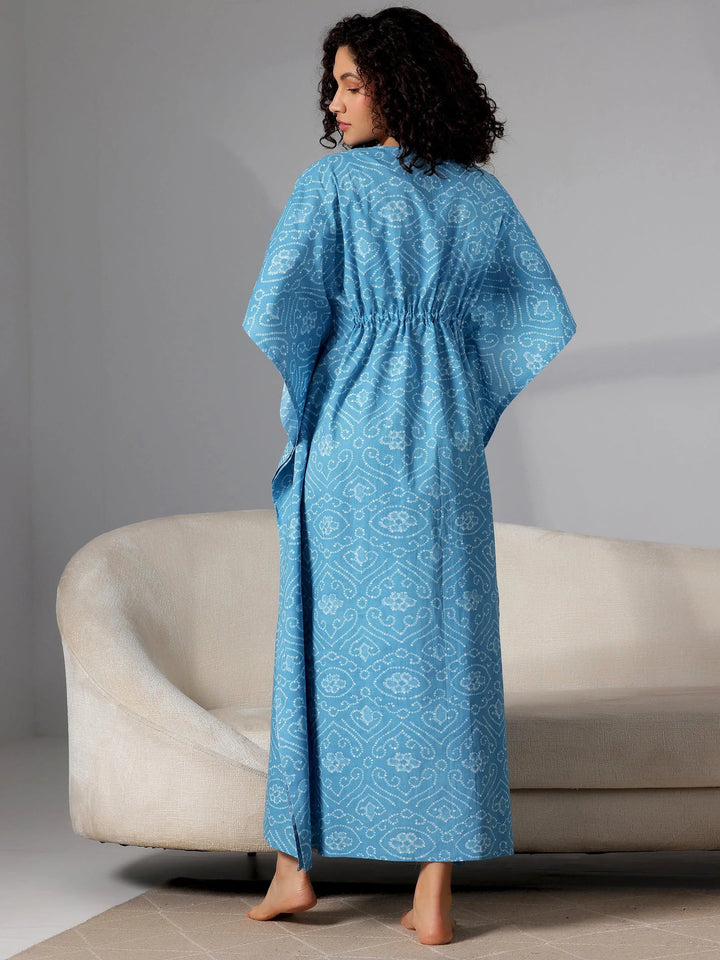 Blue Printed Cotton Kaftan Night Dress - Libas