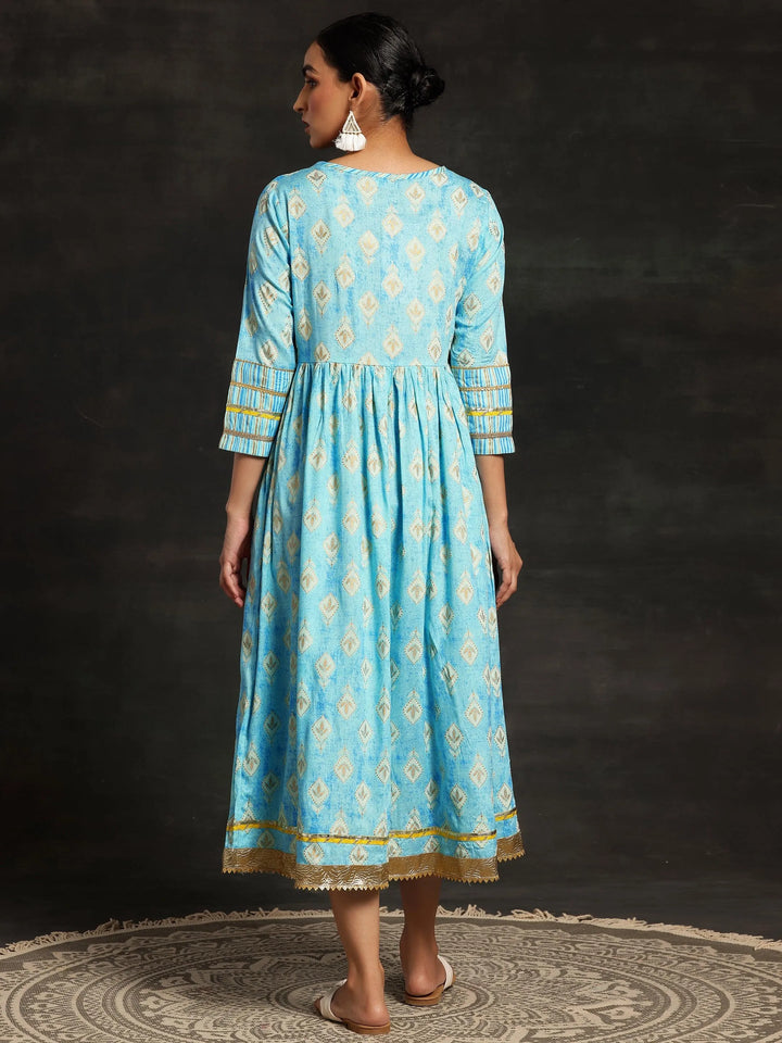Turquoise Printed Cotton Fit and Flare Dress - Libas