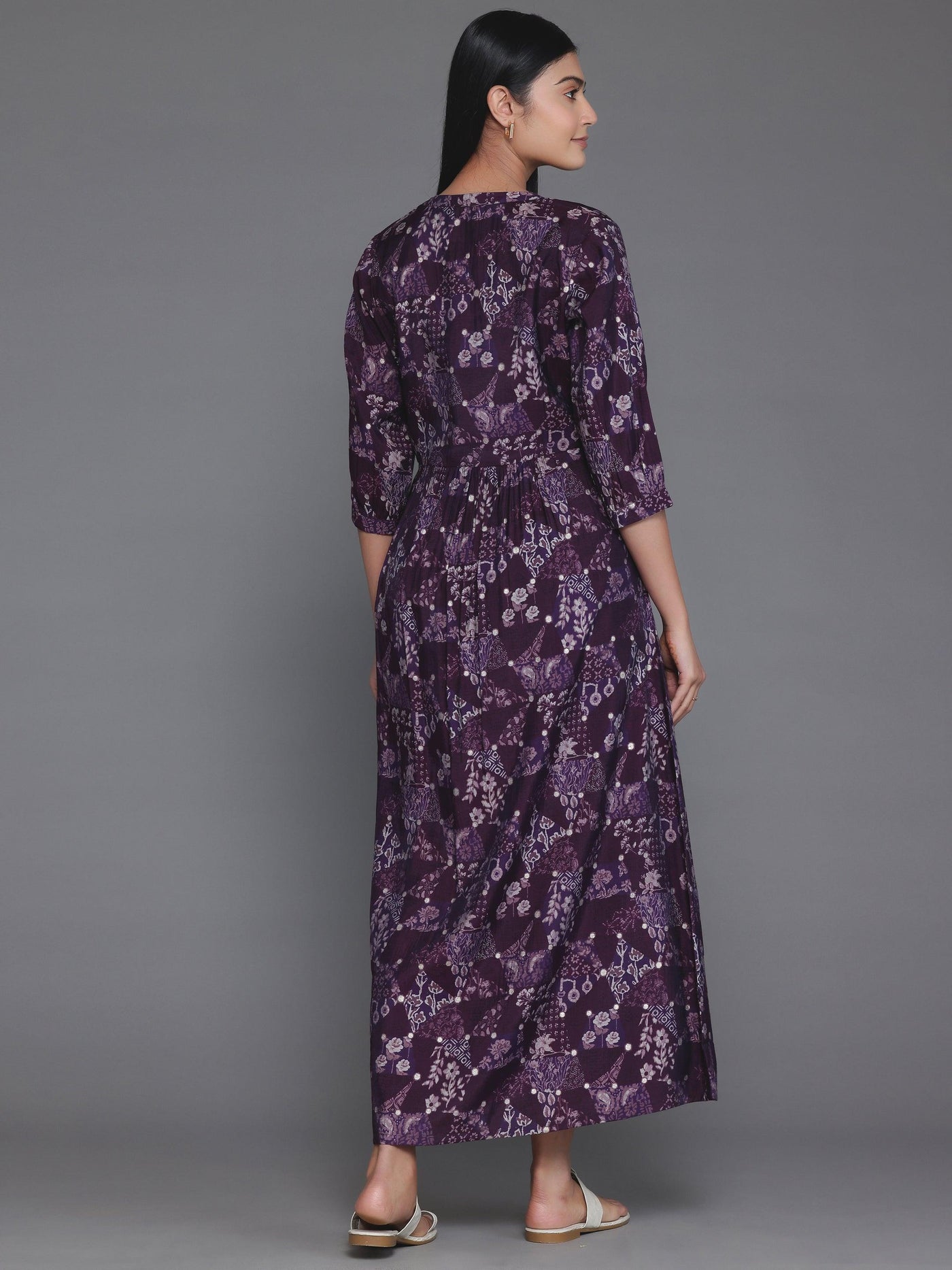 Purple Printed Silk Fit and Flare Dress - Libas