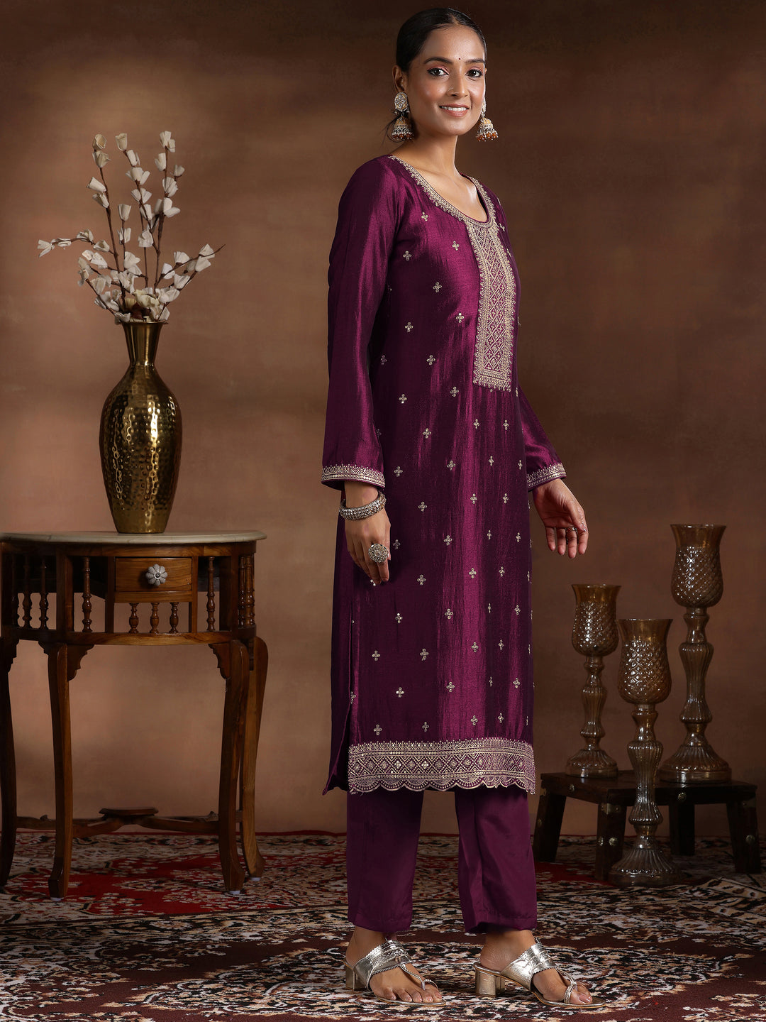  Wine Embroidered Silk Blend Straight Suit With Dupatta 