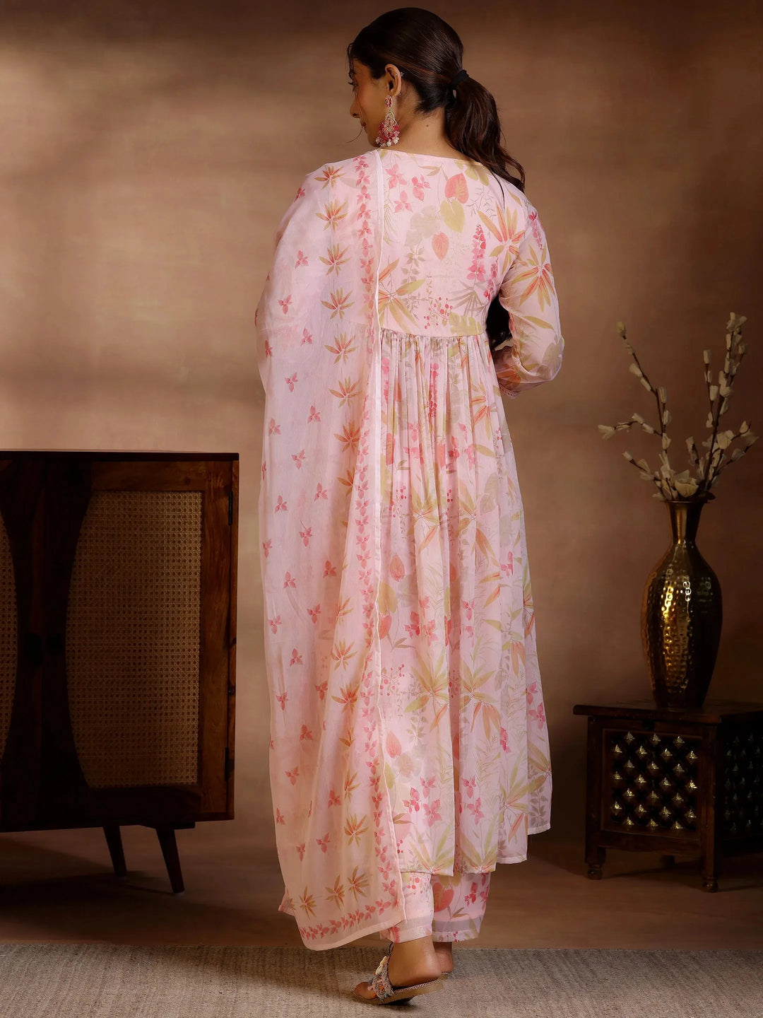  Pink Printed Poly Chiffon A-Line Kurta With Palazzos & Dupatta 
