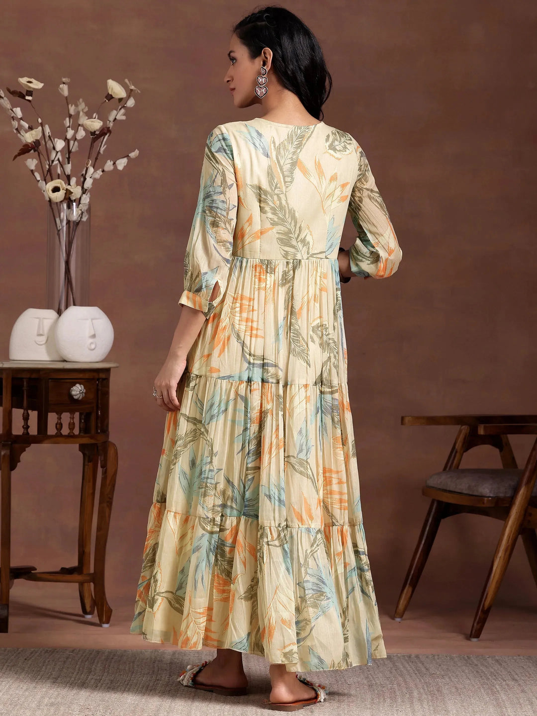  Beige Printed Chiffon Fit and Flare Dress 