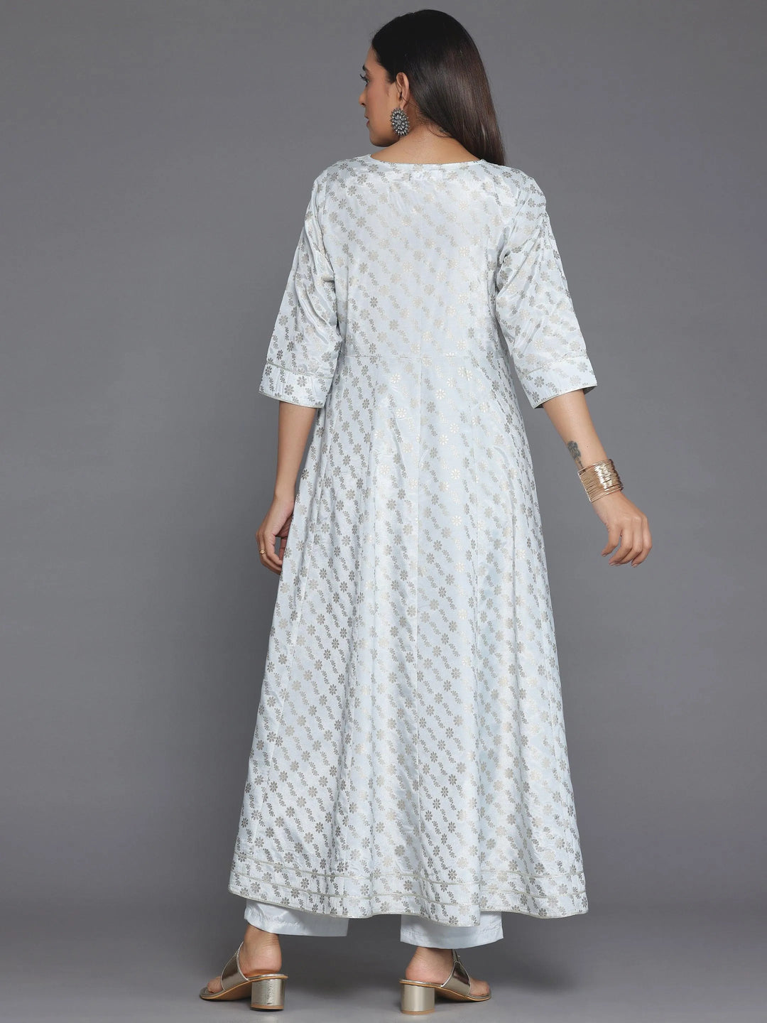 Grey Printed Silk Blend A-Line Kurta With Trousers - Libas 
