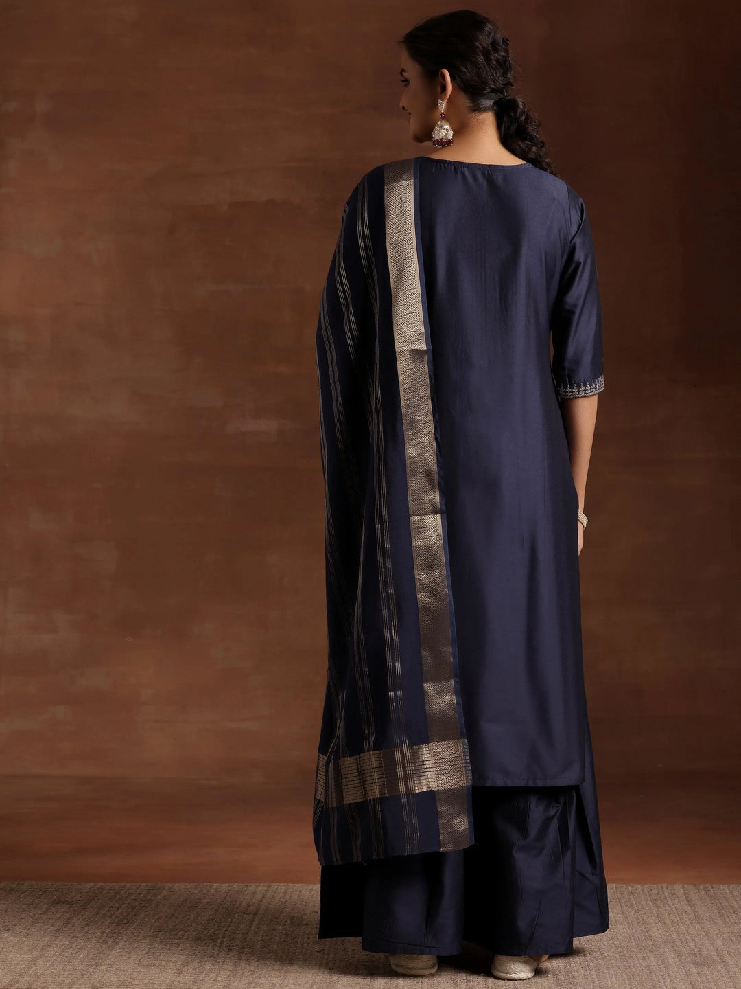 Blue Yoke Design Silk Blend Straight Suit With Dupatta - Libas