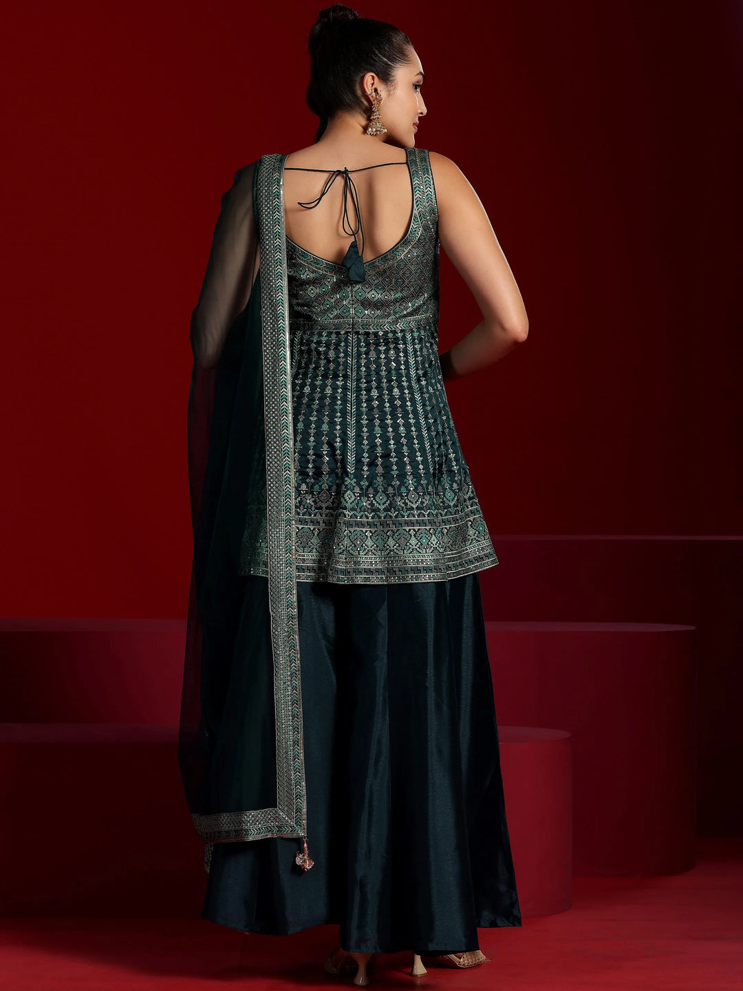  Libas Art Blue Embroidered Silk Blend A-Line Kurta With Palazzos & Dupatta 