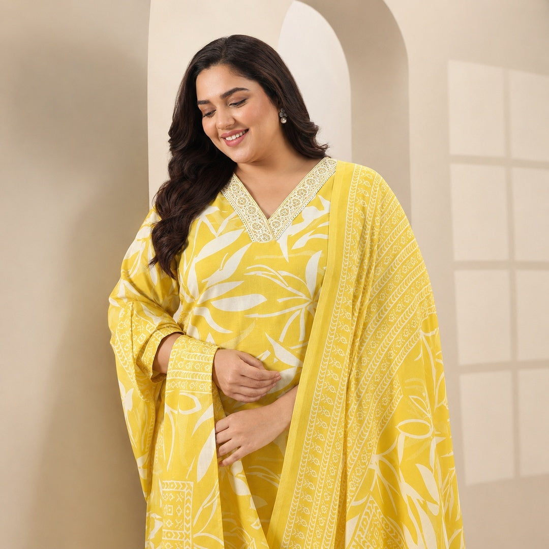  Plus Size Yellow Floral Printed Cotton Blend Straight Suit Set 