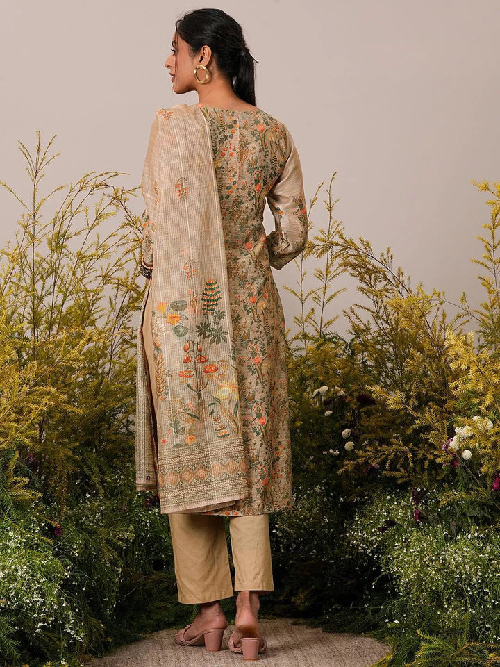 Tan Printed Chanderi Silk Straight Suit With Dupatta - Libas