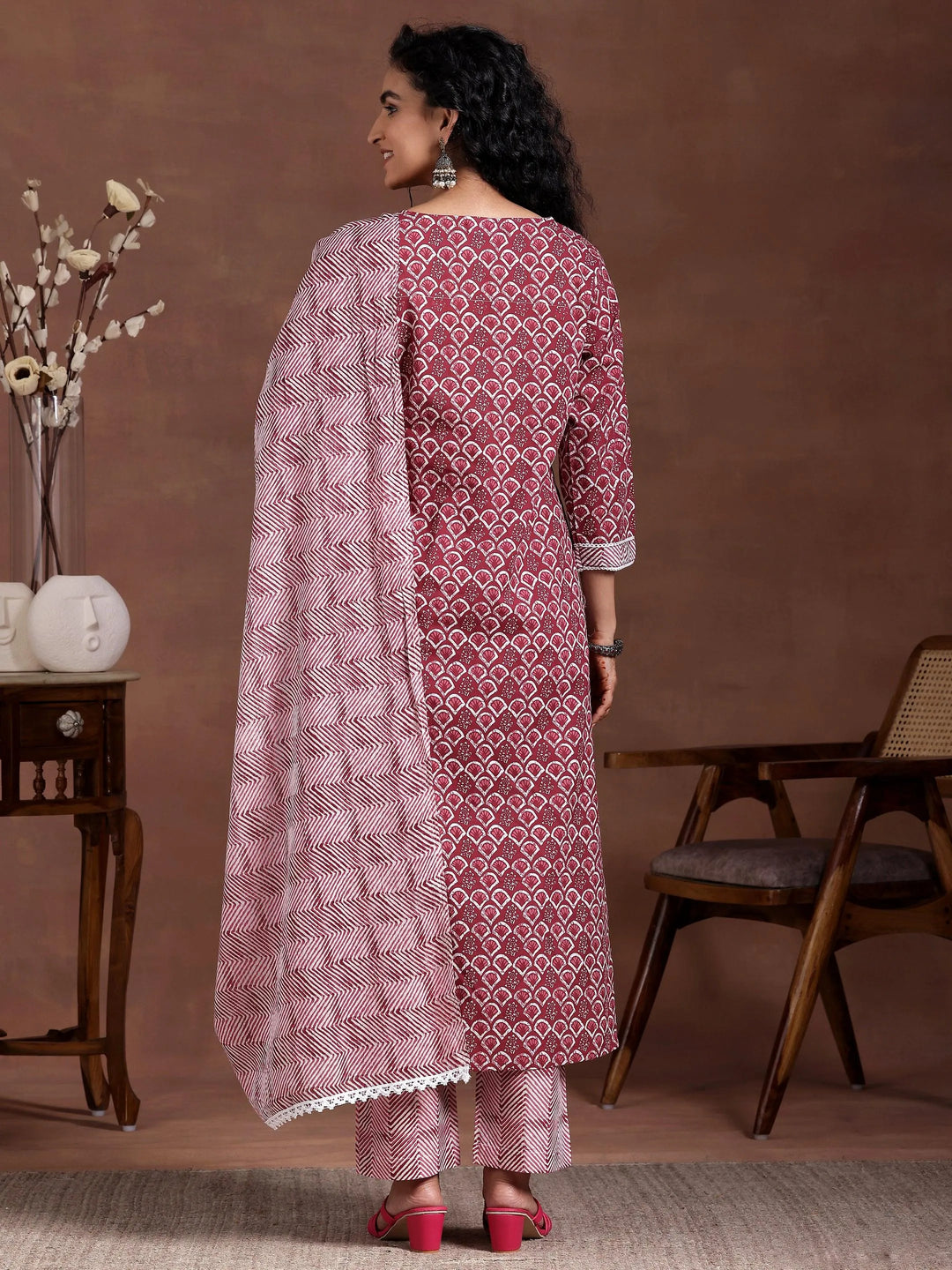 Maroon Printed Cotton Straight Suit With Dupatta - Libas 