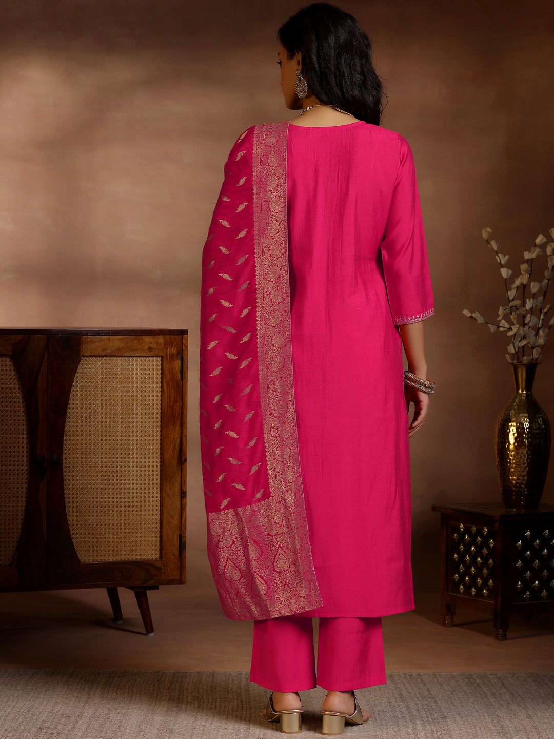  Pink Yoke Design Silk Blend Straight Suit Set With Dupatta 