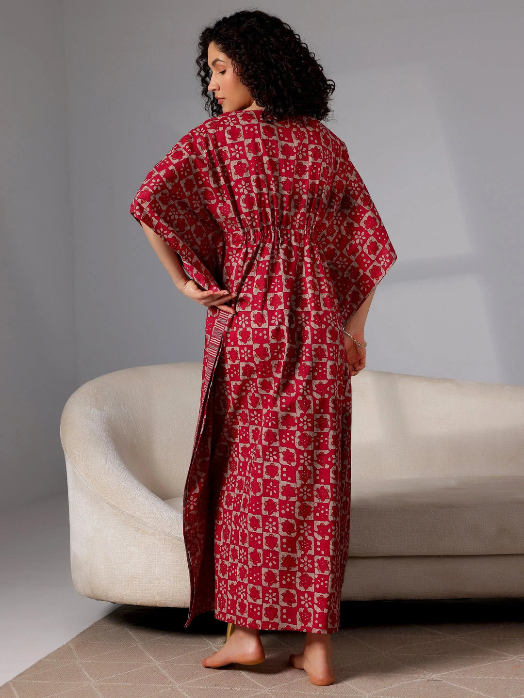 Magenta Printed Cotton Kaftan Night Dress - Libas 