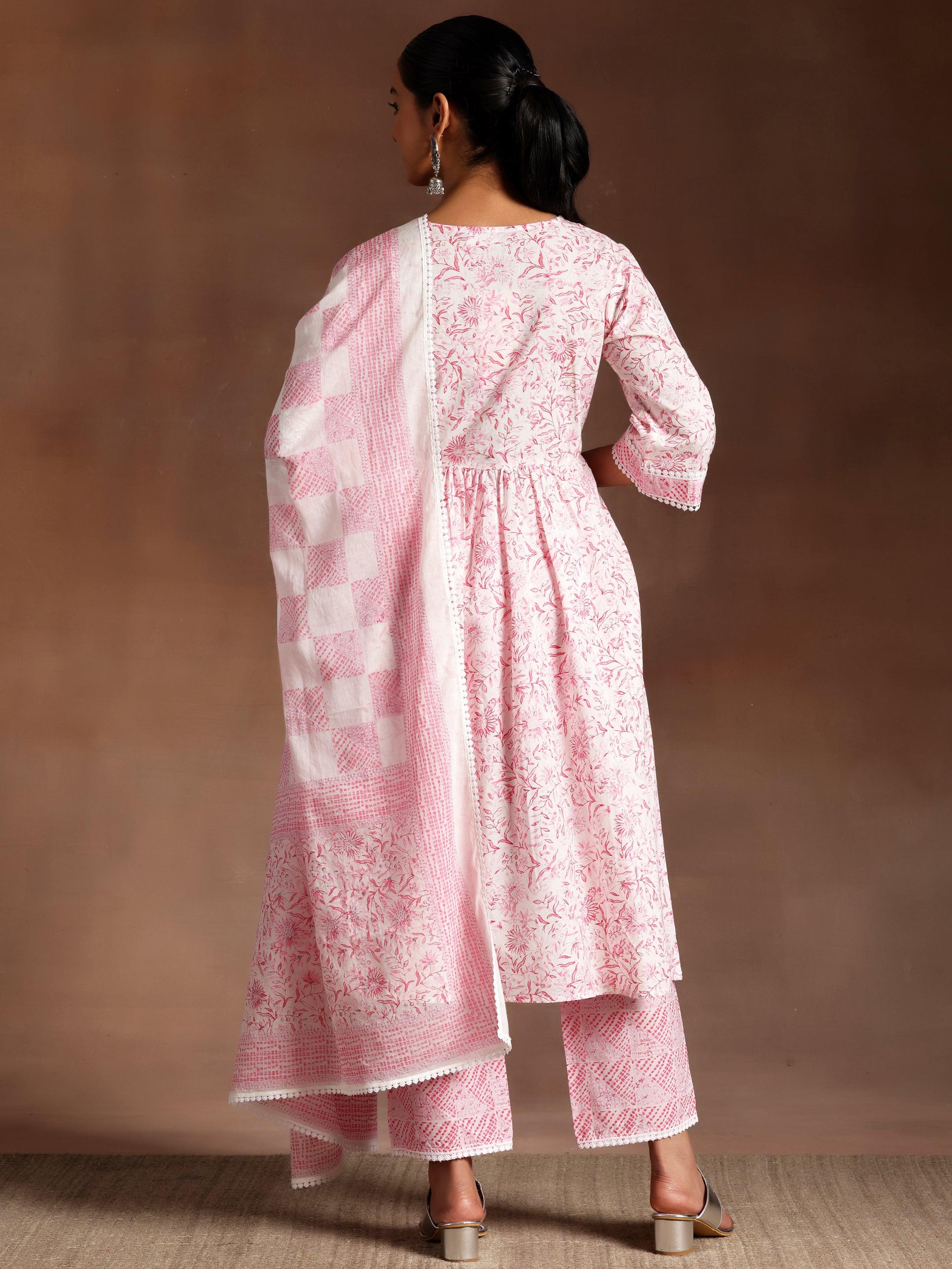 Tabassum Pink Printed Cotton A-Line Kurta With Palazzos & Dupatta
