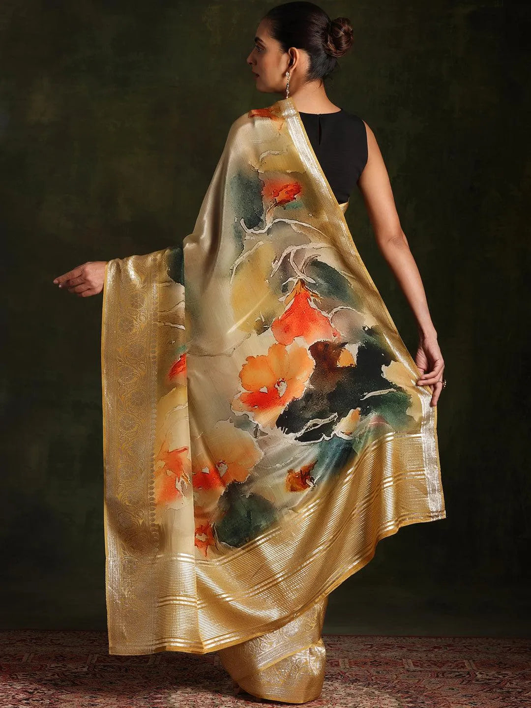 Yellow Printed Organza Saree With Unstitched Blouse Piece - Libas 