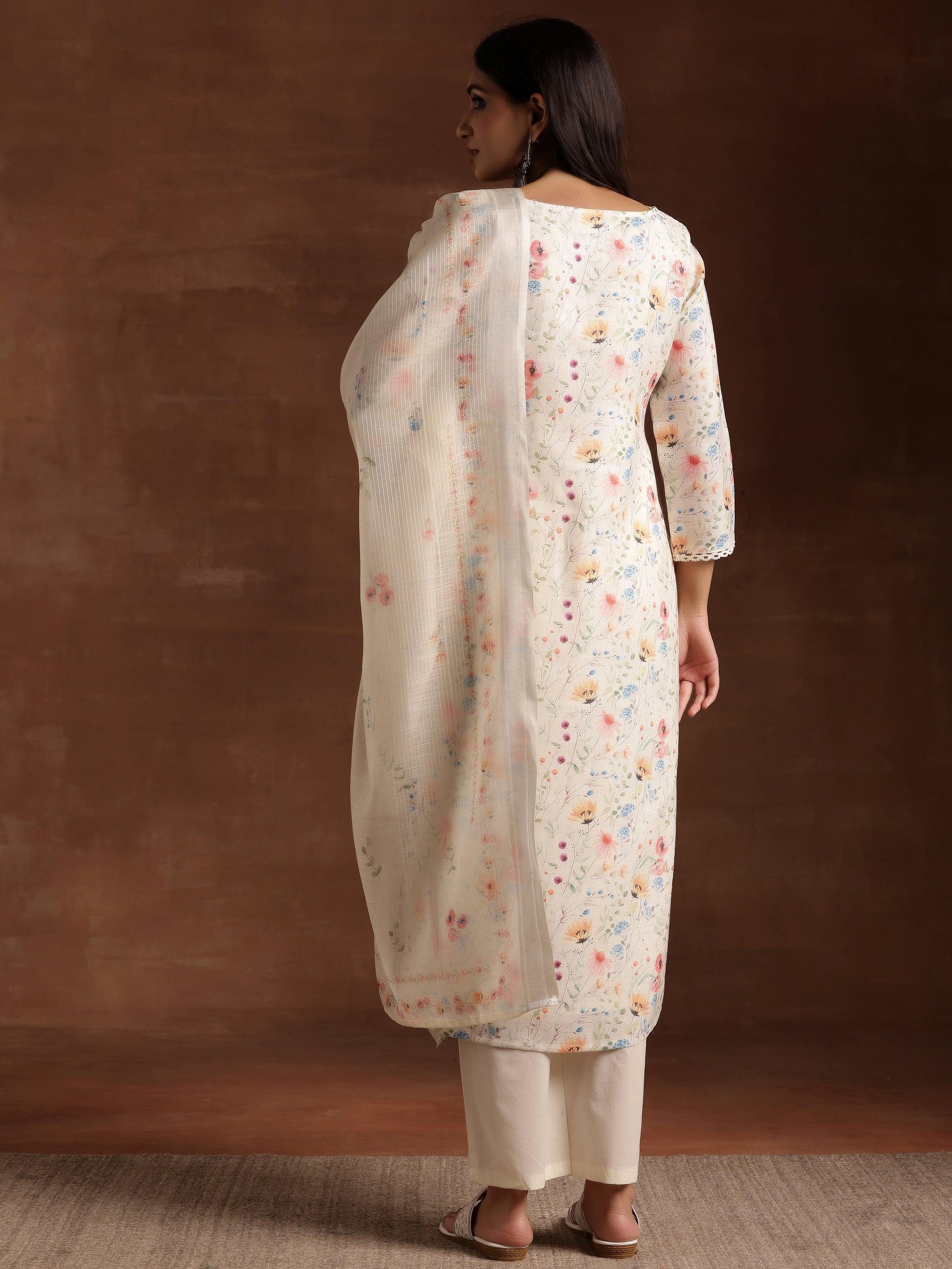 Cream Printed Cotton Straight Suit With Dupatta