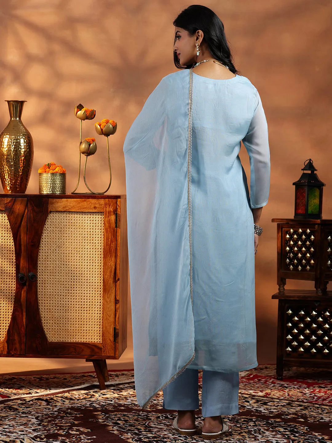  Blue Embroidered Organza Straight Suit With Dupatta 