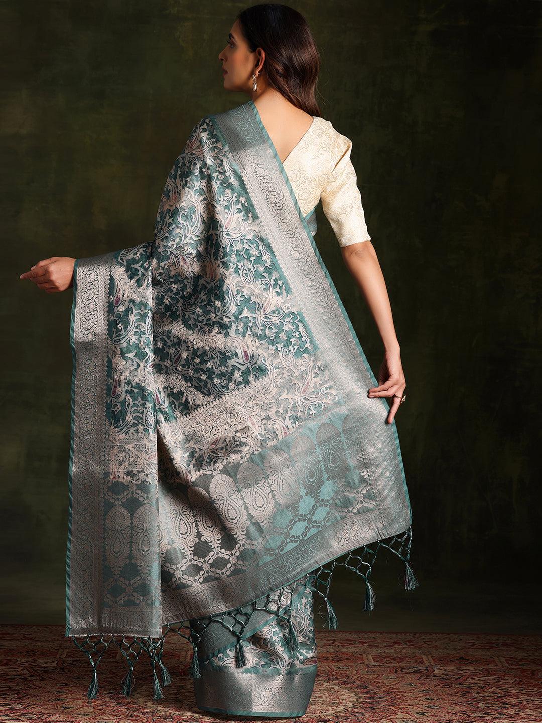 Green Woven Design Brocade Saree With Unstitched Blouse Piece - Libas