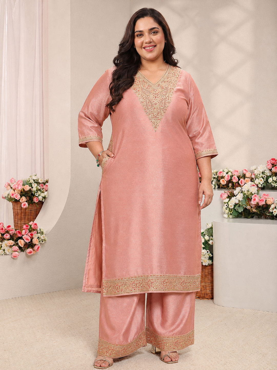  Plus Size Peach Floral Embroidered Silk Blend Straight Suit Set 