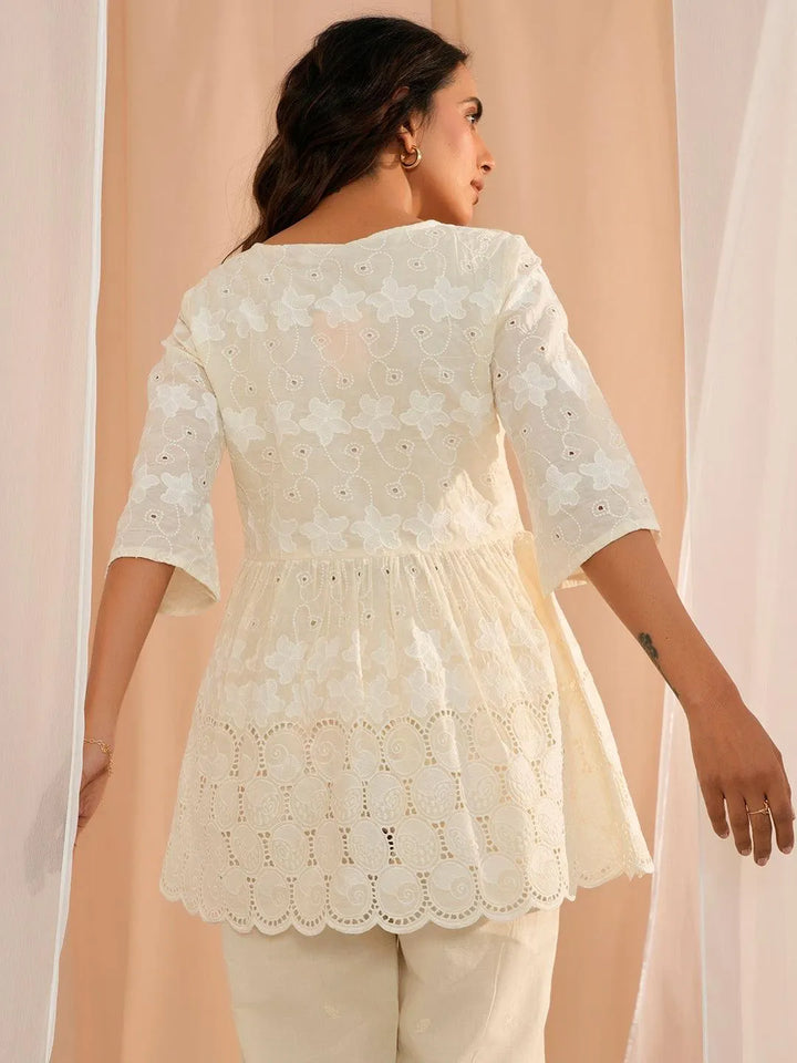 Zoya Off White Embroidered Cotton A-Line Kurti - Libas