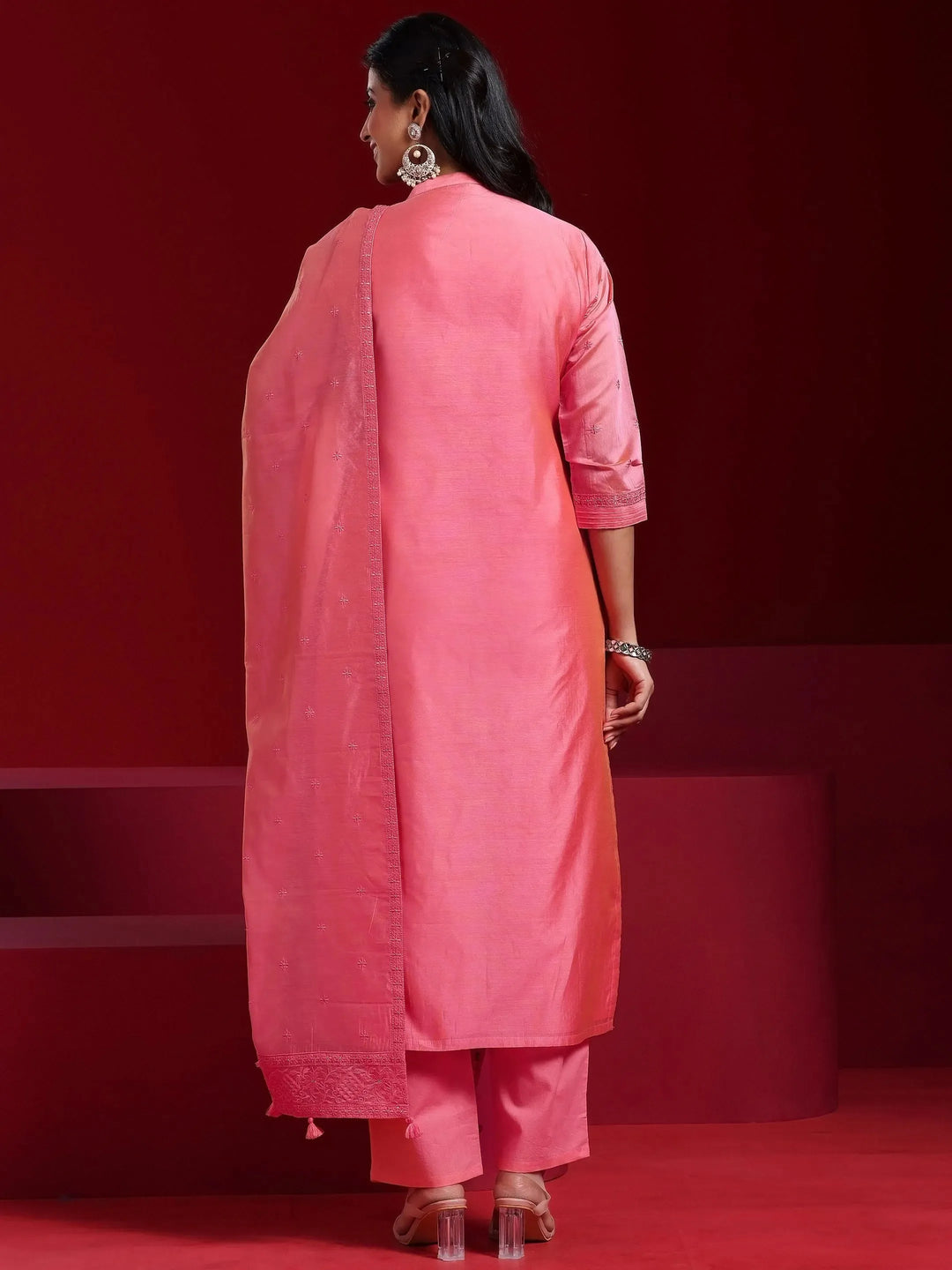  Libas Art Coral Embroidered Chanderi Silk Straight Suit With Dupatta 