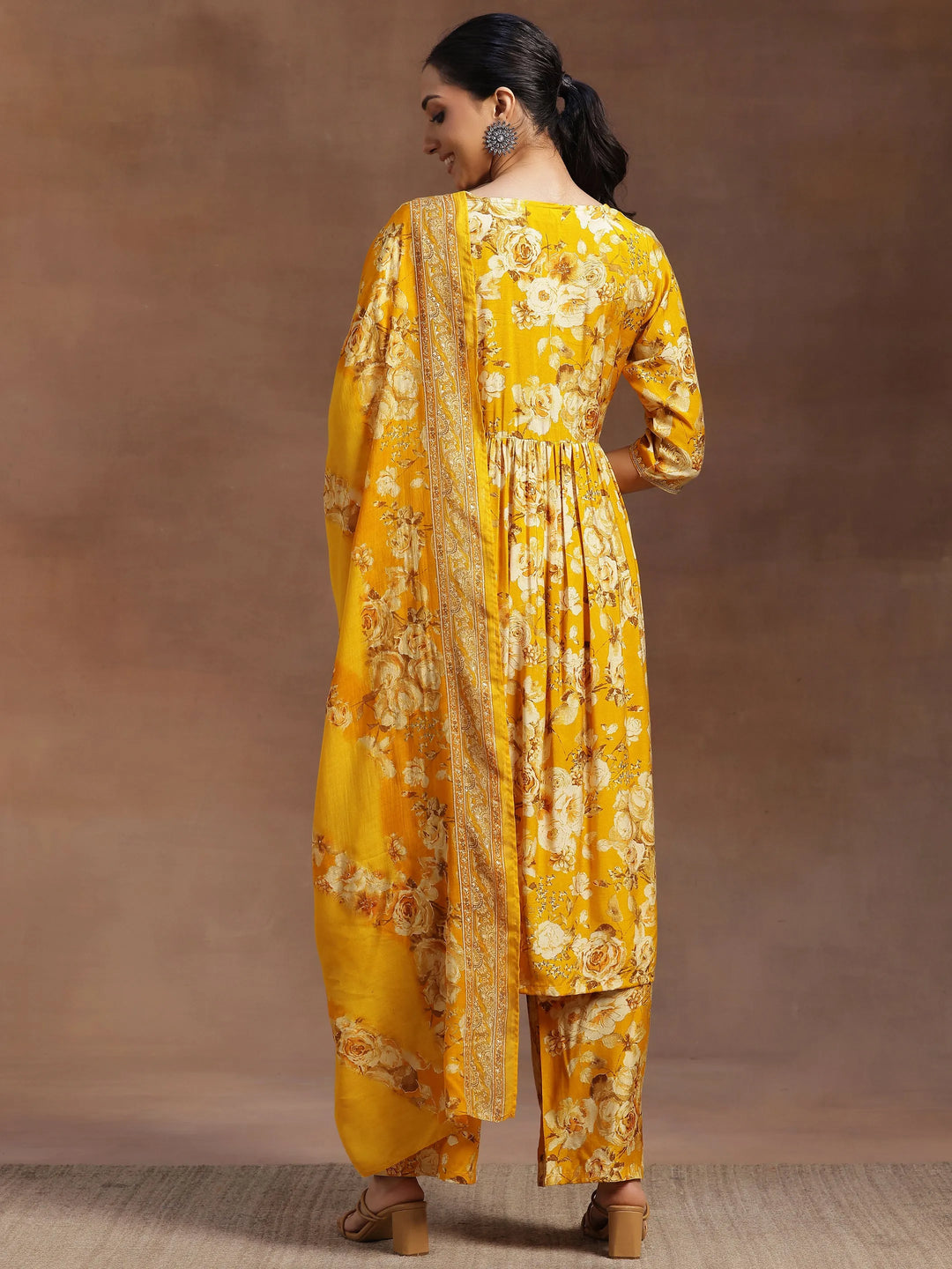  Yellow Printed Silk Blend A-Line Kurta With Palazzos & Dupatta 