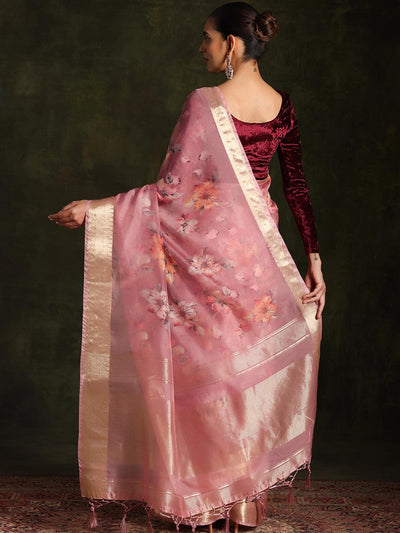 Mauve Printed Organza Saree With Unstitched Blouse Piece - Libas