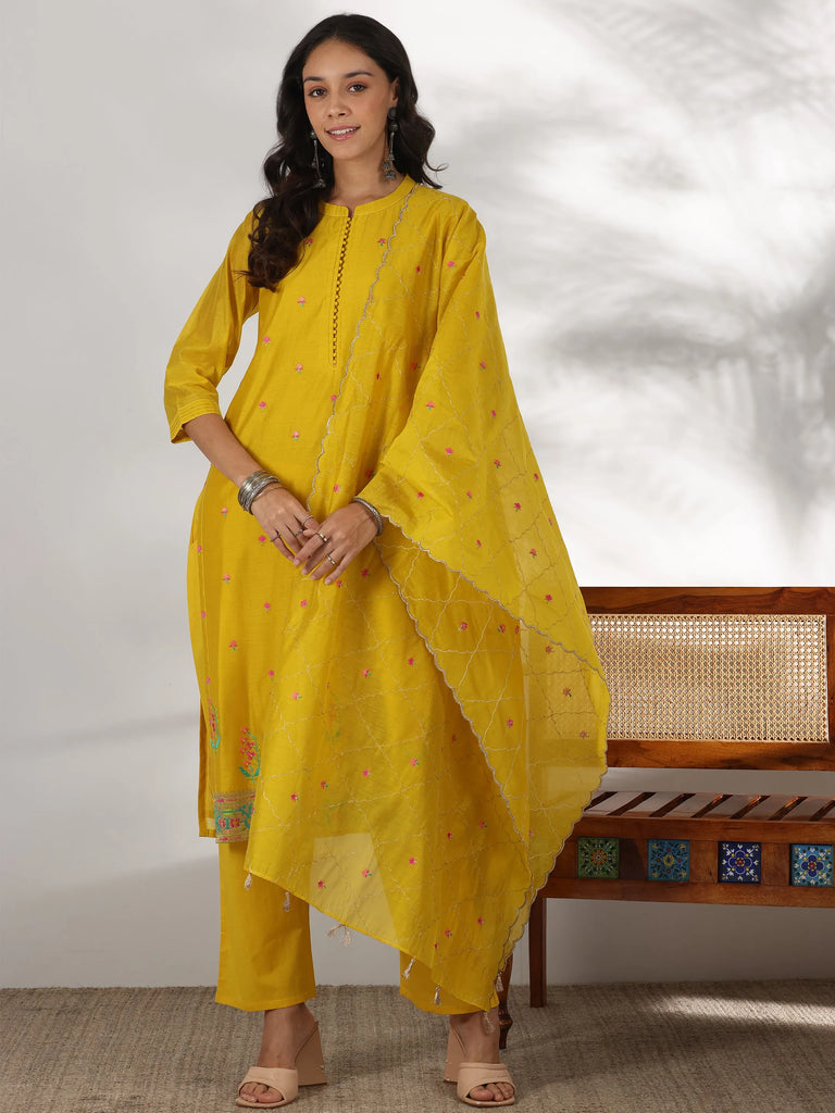Libas Yellow Embroidered Chanderi Silk Straight Suit With Dupatta