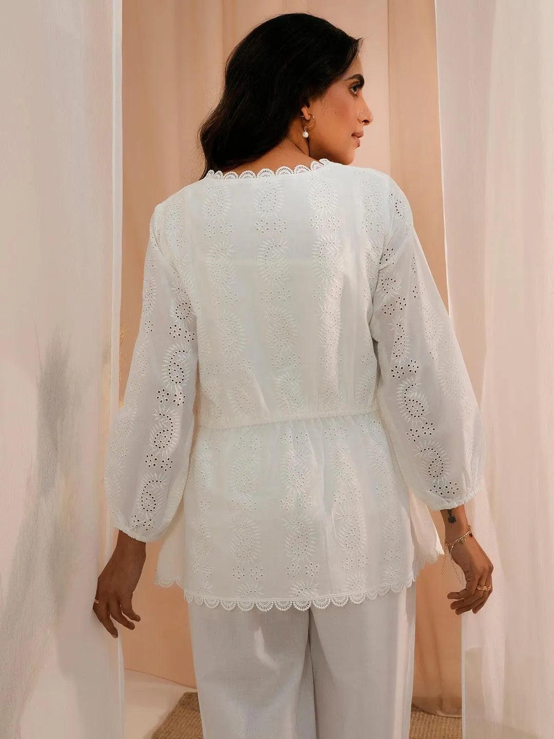 White Cotton A-Line Kurti - Libas 