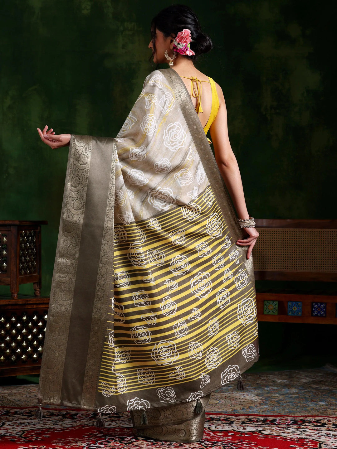 Taupe Printed Silk Blend Saree With Unstitched Blouse Piece - Libas 