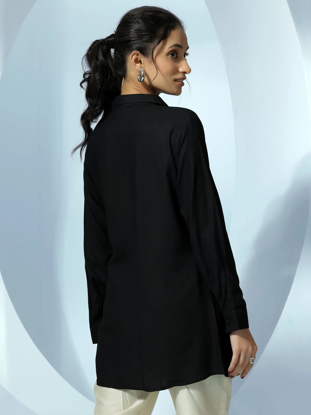 Black Solid Rayon Straight Tunic 