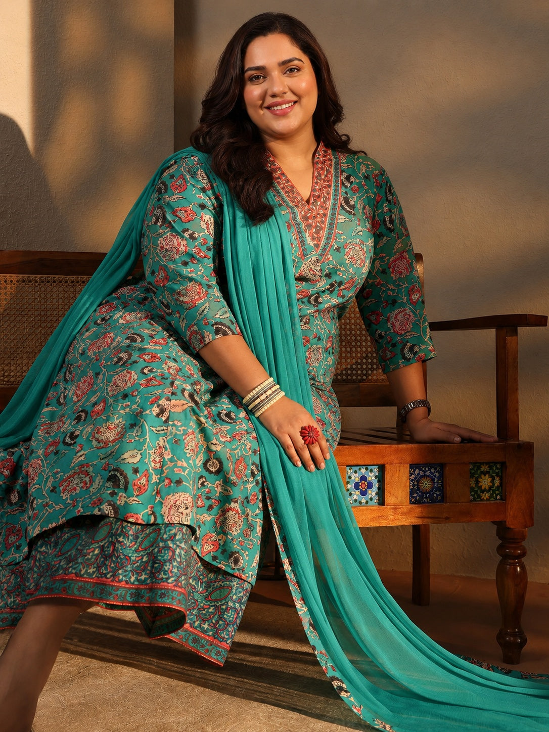 libas Plus Size Blue Floral Printed Cotton Blend A-line Suit Set-picture-23
